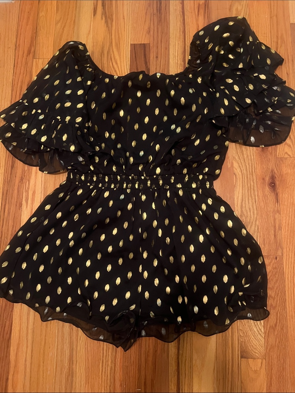 Endless Rose Black Peplum Top with Gold Metallic Dot Print